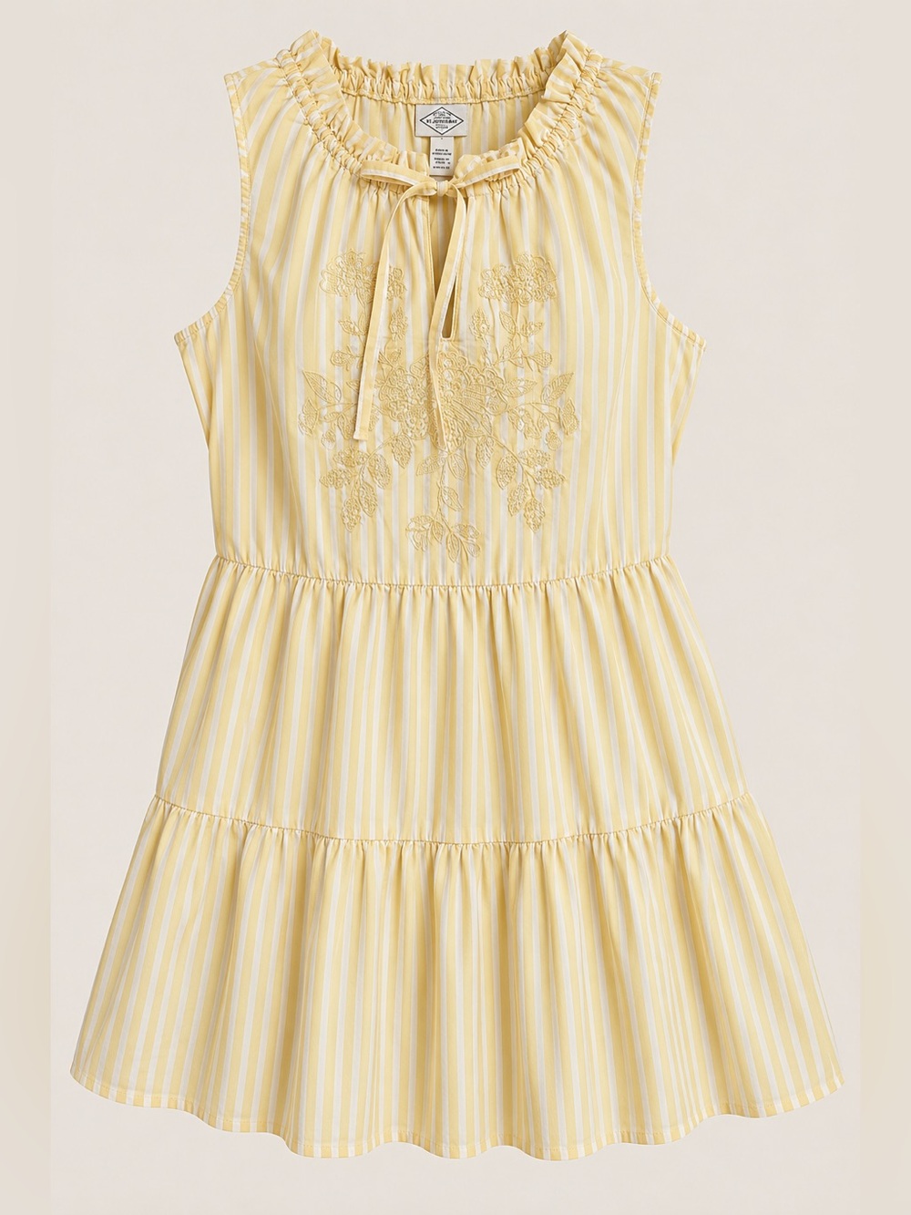 St. John’s Bay Yellow Striped Embroidered Cotton Tiered Dress Large Pockets